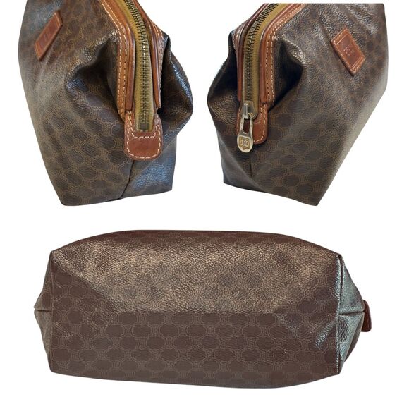 Celine Macadam Cosmetics Bag Top Zip Brown Leather Canvas Pouch Makeup Pockets - Picture 11 of 11